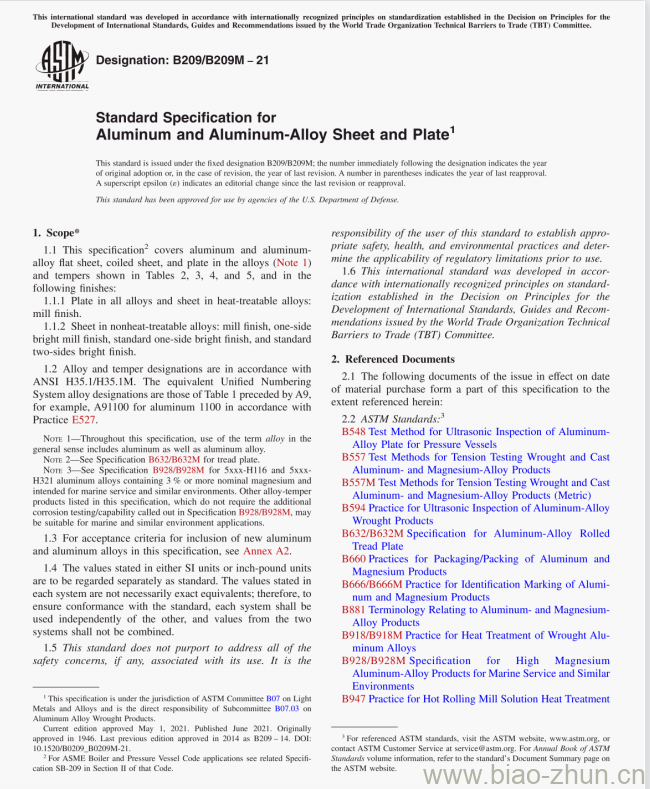 B209/B209M &#8211; 21 Standard Specification for Aluminum and Aluminum-Alloy Sheet and Plate