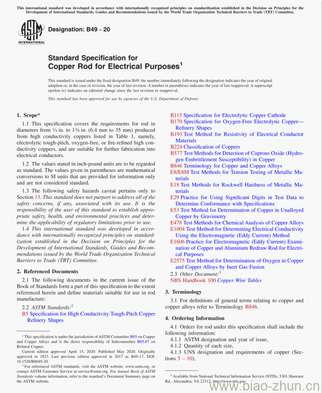 B49 &#8211; 20 Standard Specification for Copper Rod for Electrical Purposes