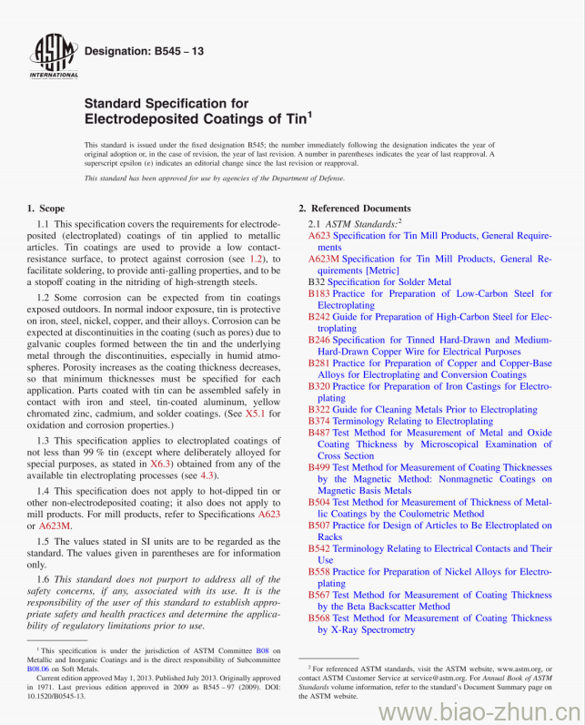 B545-13 Standard Specification for Electrodeposited Coatings of Tin