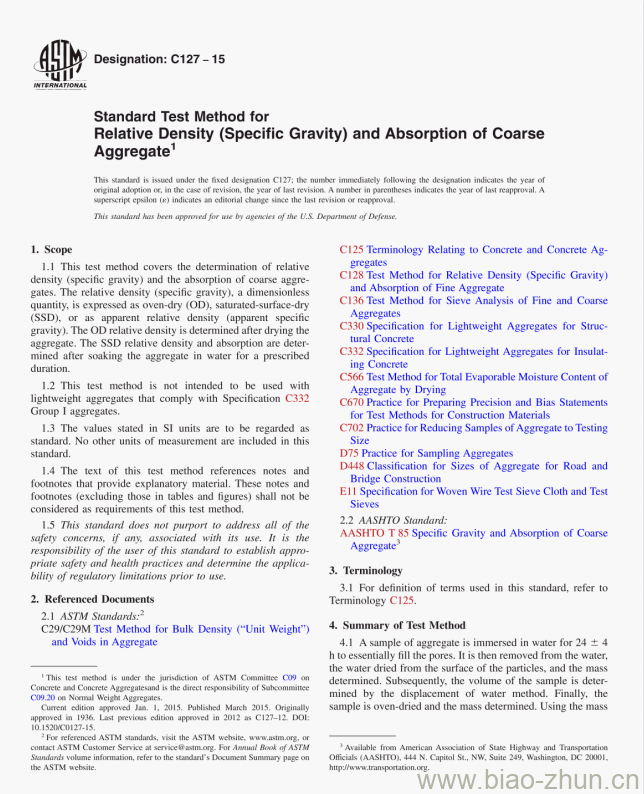 Standard Test Method for Relative Density (Specific Gravity) and Absorption of CoarseAggregate