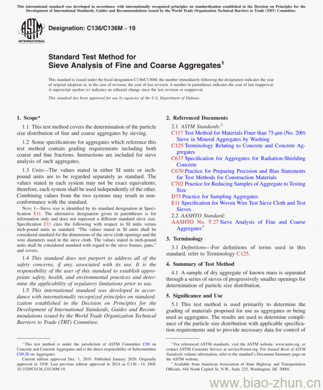 Standard Test Method for Sieve Analysis of Fine and Coarse Aggregates