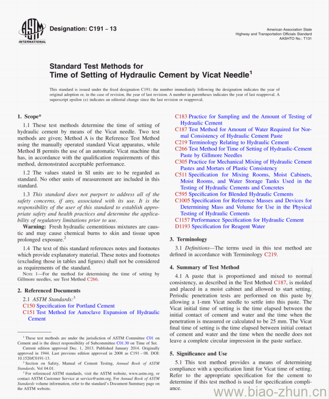 Standard Test Methods for Time of Setting of Hydraulic Cement by Vicat Needle